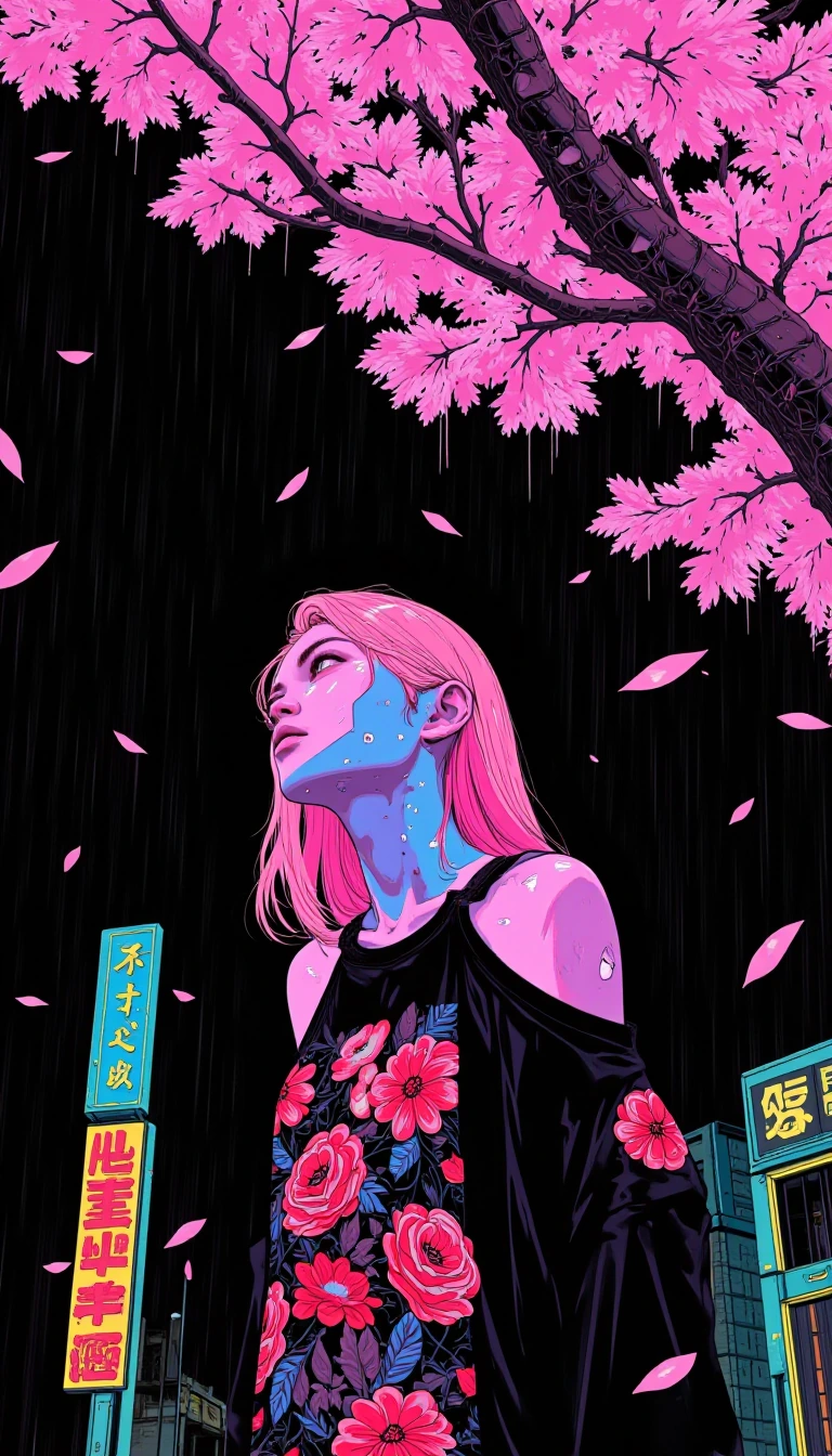 blending, flat color, no lineart, negative space, 1girl, sakura miko, pink hair, cowboy shot, black shirt, print shirt, floral print, off shoulder, ou
