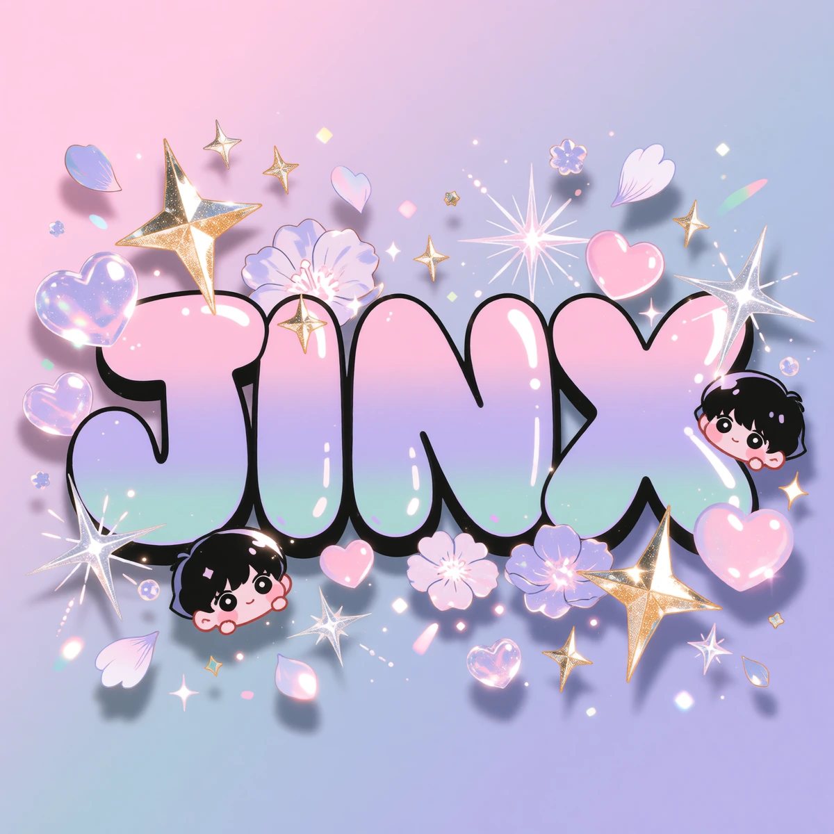 The word "JINX" rendered in a thick, rounded bubble font with soft curves and playful proportions, each letter filled with a gradient of pastel pink to lavender to mint, outlined in a thin black stroke with a glossy highlight running down the right s
