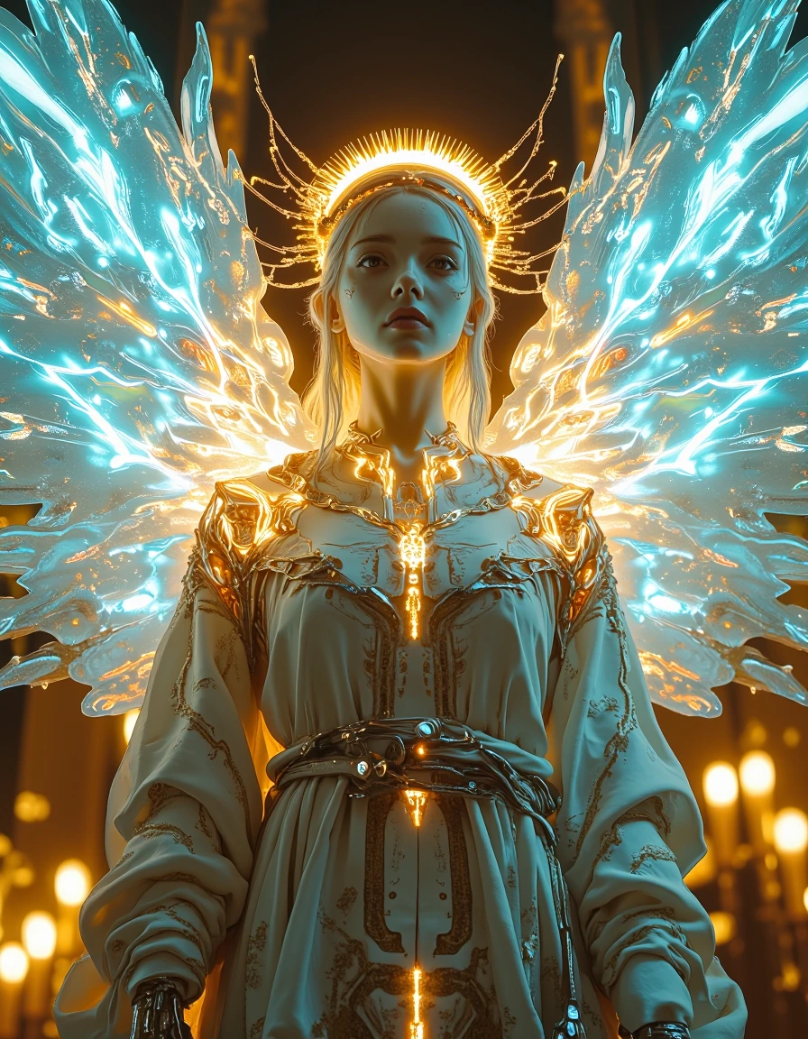 A majestic cybernetic angel in High Renaissance style, inspired by Raphael and Michelangelo, ethereal female figure with marble-smooth skin traced by glowing blue neural circuits and binary veins, massive wings made of intricate holographic light and