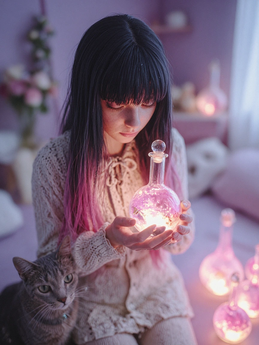 a girl with long straight black hair, pink-tipped ends, and blunt bangs in a cozy room with lavender and pink tones. she holds glowing pink potions in glass bottles, the potions luminous and the main focus. a cat sits nearby. semi-3D photography blen