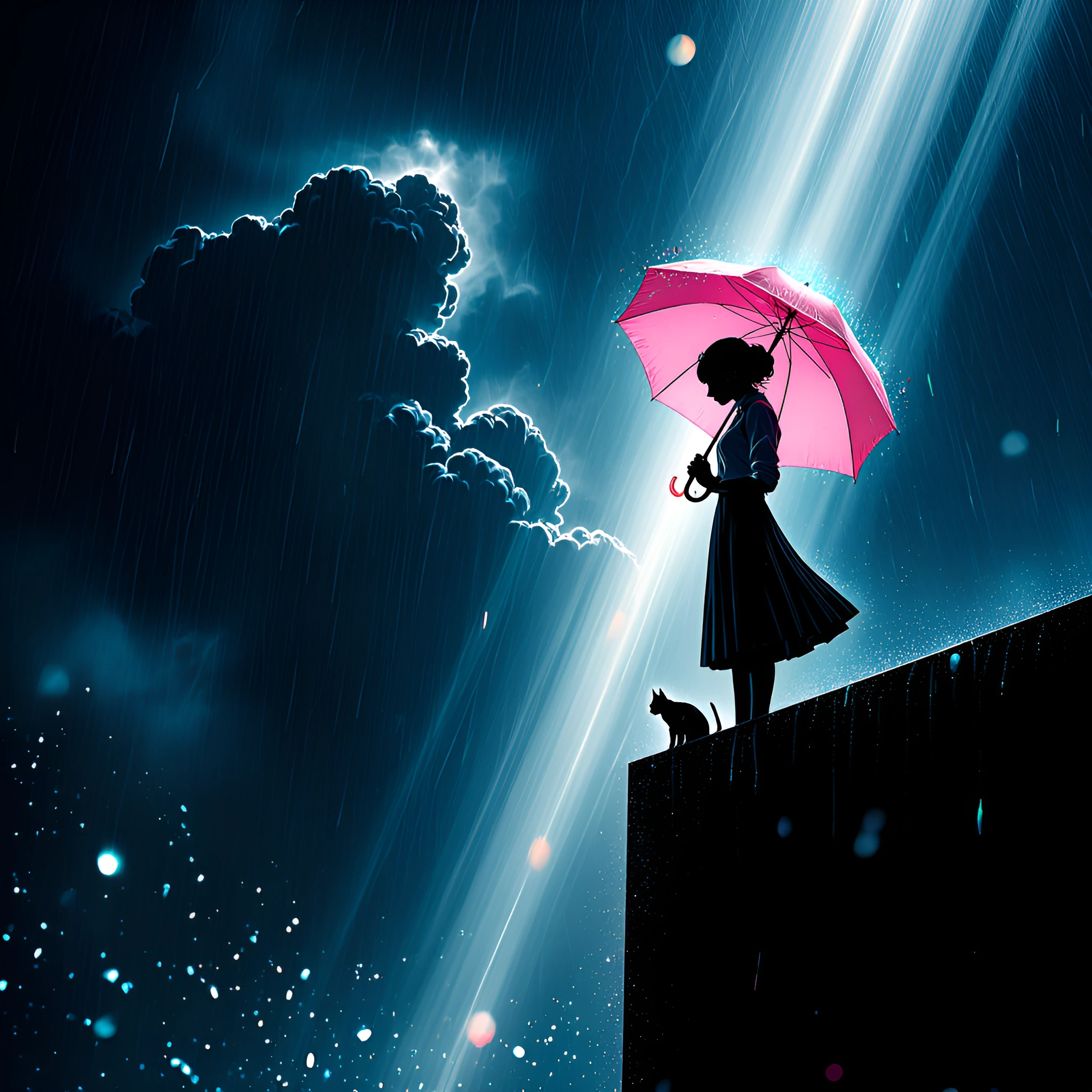 soft lighting photography by Mimoza Veliu and Mario Giacomelli, (stunning 20-year-old female with halo:1.2), blue-and-white school uniform, white short-sleeved shirt, dark pleated skirt, holding pink umbrella, standing at eaves' edge in rain, turned 