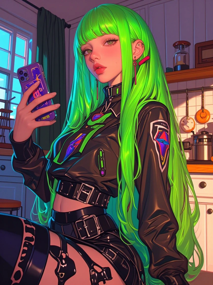 Luminous Cyberpunk girl, taking a selfie with her cat in a sunny kitchen. Very colorful. Long neon green iridescent hair