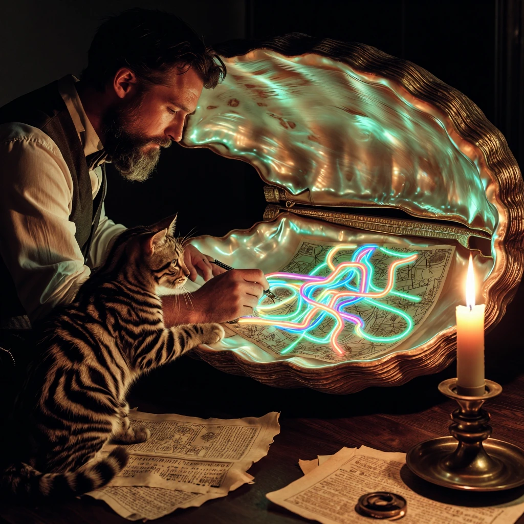 A detailed steampunk scene of a bearded cartographer illuminated by candlelight, mapping luminous colored pathways inside an ornate abalone shell, a uniquely patterned zebra-striped feline assistant sitting on scattered parchment and brass instrument