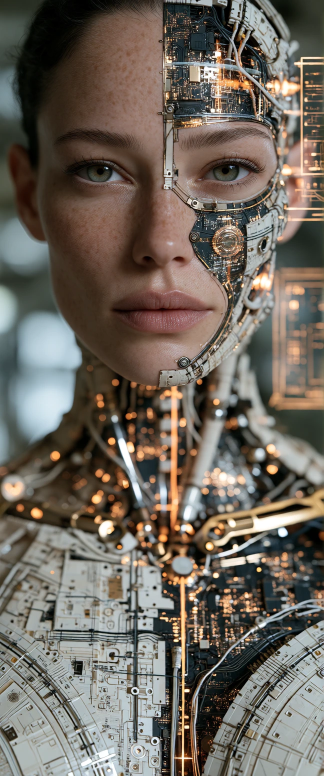 An ultra-long, narrow vertical portrait photograph (9:21 aspect ratio), captured with hyper-photorealism, focusing on a highly intricate female cyborg. The right side (her left) of her face features flawless, pore-level textured skin with natural fre