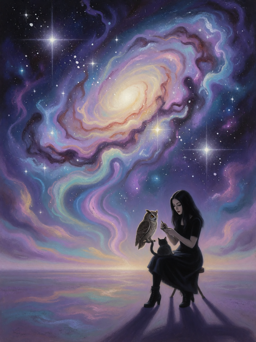Goth woman working with an owl and a cat in the Lost and Found department