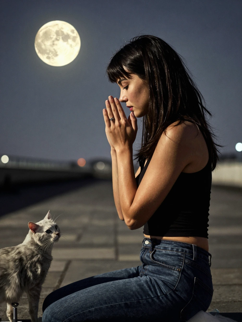1woman, cat, rooftop, moon, praying, 0__11Xx_illu, close up BREAK masterpiece, very aesthetic, absurdres, drop shadow, real life, casual, abstract, tr