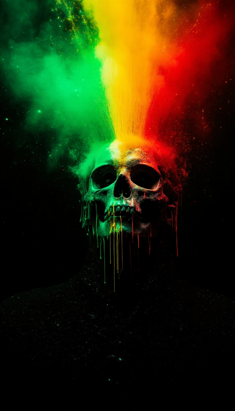 A surreal, cinematic wide shot showing the head of a dark, gothic, Victorian european man emerging from the sea at night. The top of his skull explodes in a violent and magnificent spray of liquid paint in vibrant primary colours: the colours of Sene