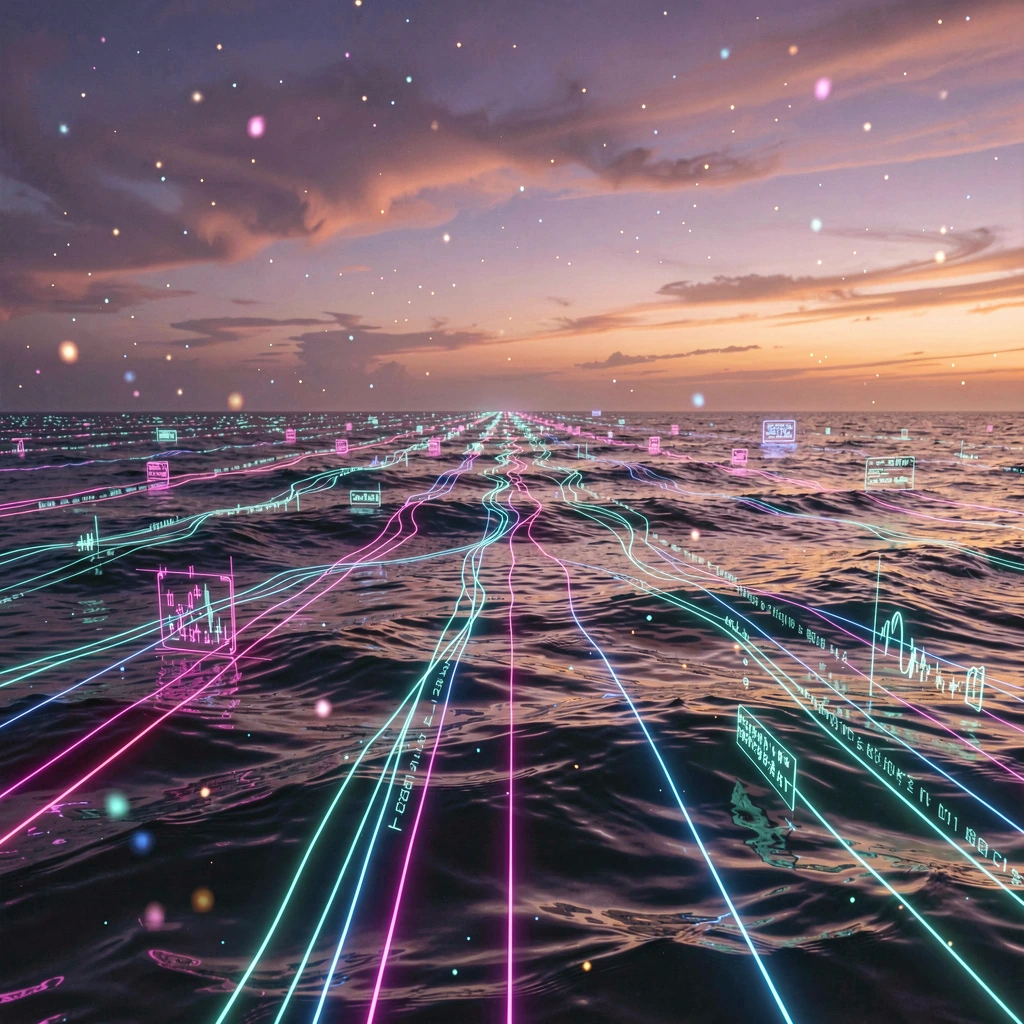 a vast endless ocean at dusk with a dramatic twilight sky painted in deep purples and warm oranges, but instead of natural waves the water's surface is traversed by countless luminous data streams and glowing information trails that crisscross in mes