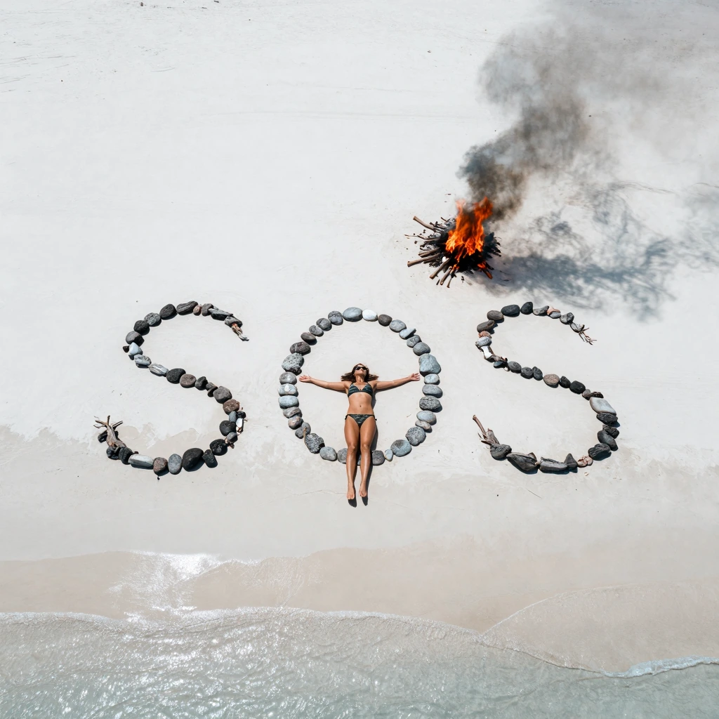 Overhead drone shot of a woman in a camo bikini lying supine on bleached sand, arms splayed, sunglasses on, positioned within a large "SOS" spelled in driftwood and rocks. A signal fire smolders nearby, smoke rising into cloudless sky. Harsh noon sun