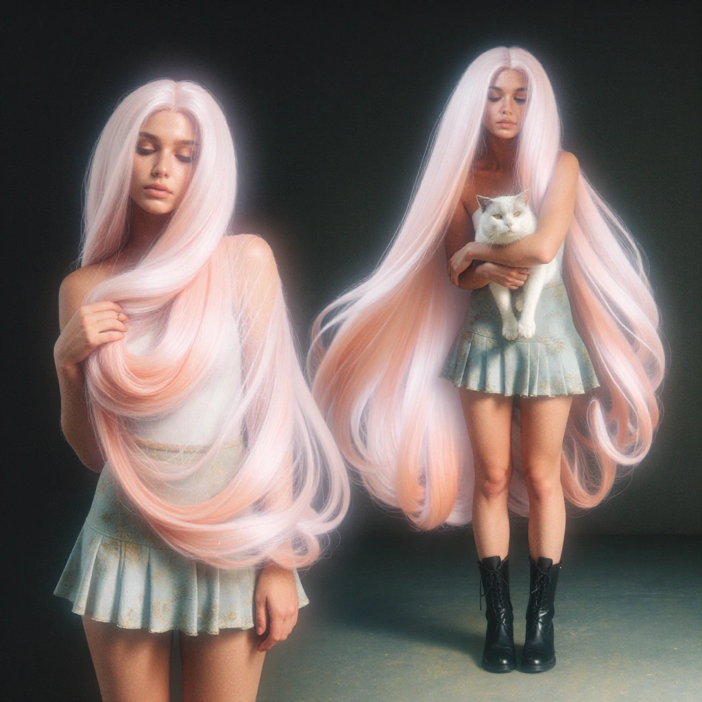 collage with hint of pop-art, beautiful woman with long straight, peach, platinum hair, with a cat, mini skirt and boots