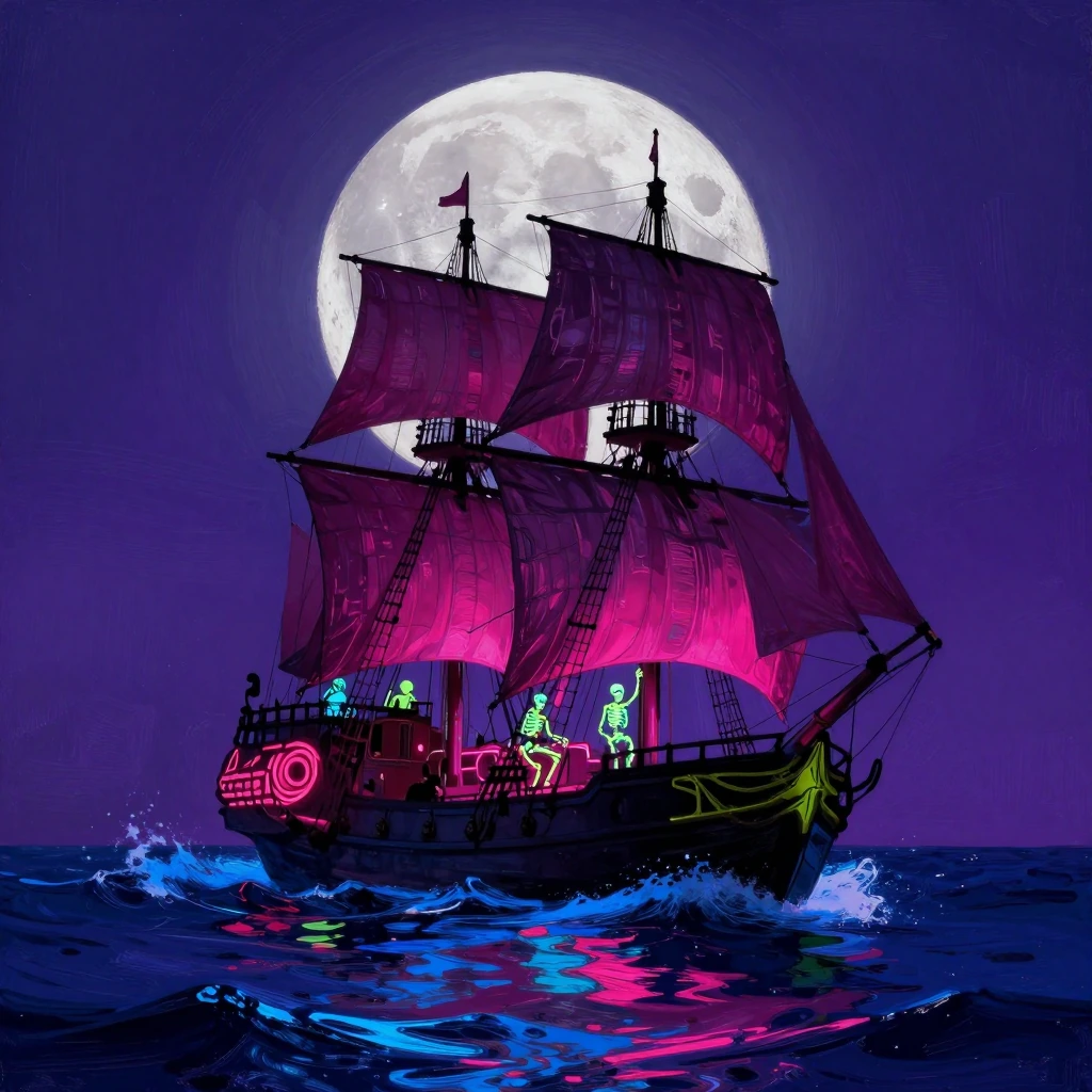 A galleon silhouetted against a massive full moon, its skeleton crew glowing in electric neon — cyan rigging, magenta sails, skeletal figures outlined in vivid lime and hot pink — sailing through an ocean rendered as thick, luminous brushstrokes of d