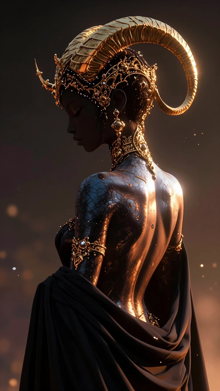 A striking fantasy gothic character shown in side profile, bare back exposed with smooth semi-metallic skin transitioning into a dark marbled scale-li