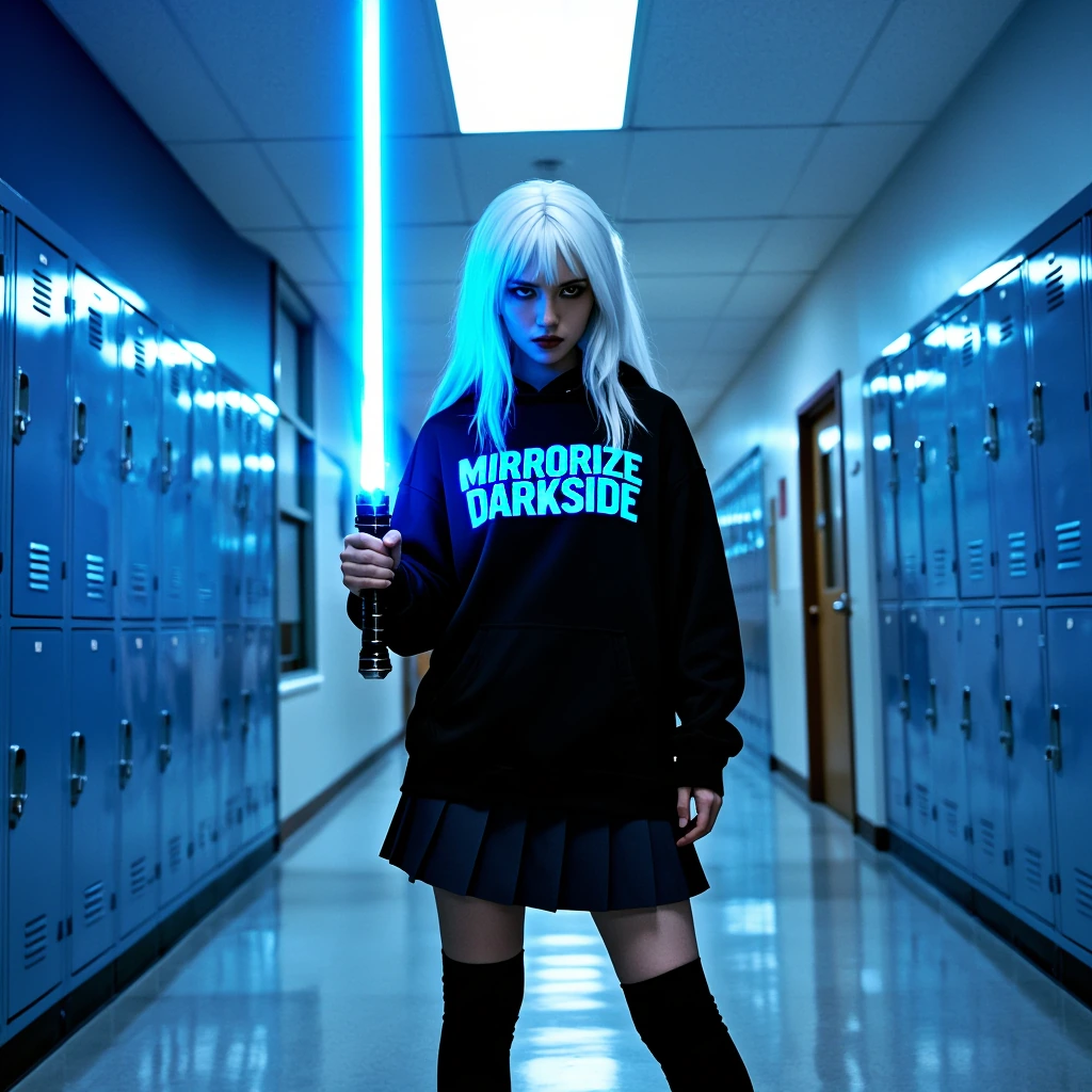 # Dark Side Rebel A striking figure stands in a fluorescent-lit school hallway, white hair cascading past her shoulders. She wears a black hoodie emblazoned with "MIRRORIZE DARKSIDE" in electric blue lettering, paired with a pleated skirt. Her intens
