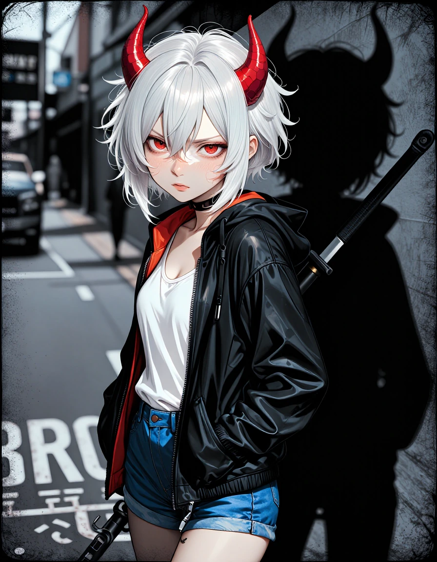 { "background": { "details": "blurred street, suggesting a cityscape", "setting": "urban environment" }, "character": { "appearance": { "eyes": { "color": "red", "expression": "intense and slightly intimidating" }, "hair": { "color": "white", "style"