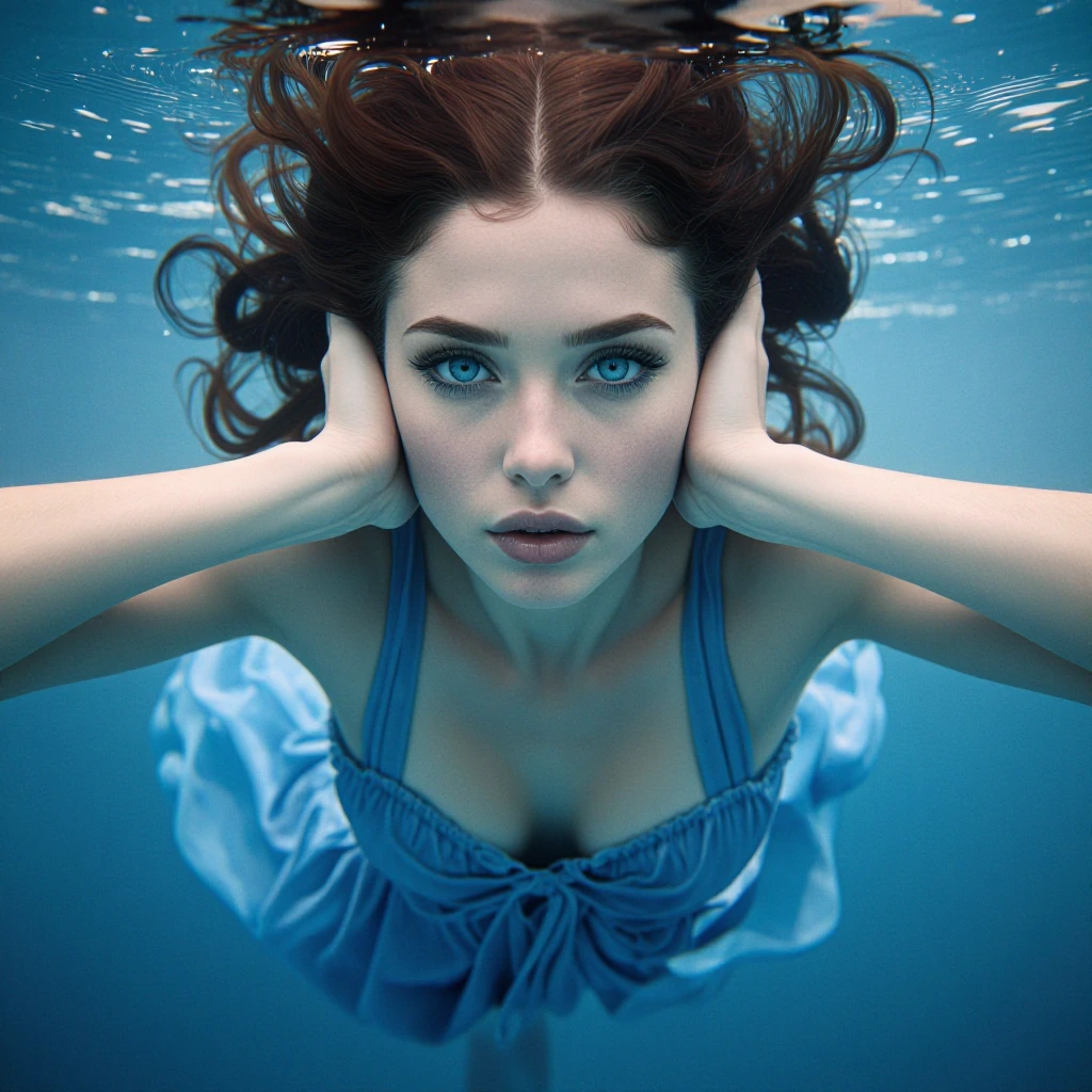 beautiful woman covering her ears floating underwater, blue dress blue water, blue eyes, pale skin
