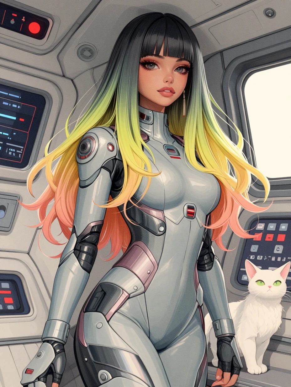 A beautiful woman with long straight ombre hair in springtime colors, in a spaceship with a cat, watercolor manga style, beautiful pose. Futuristic jumpsuit