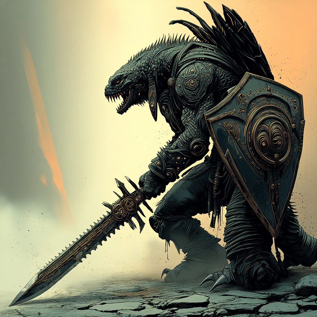 A human-lizard hybrid with hyper-muscular physique, wielding a serrated sword and heavy shield, wearing black leather armour reinforced with metal stu