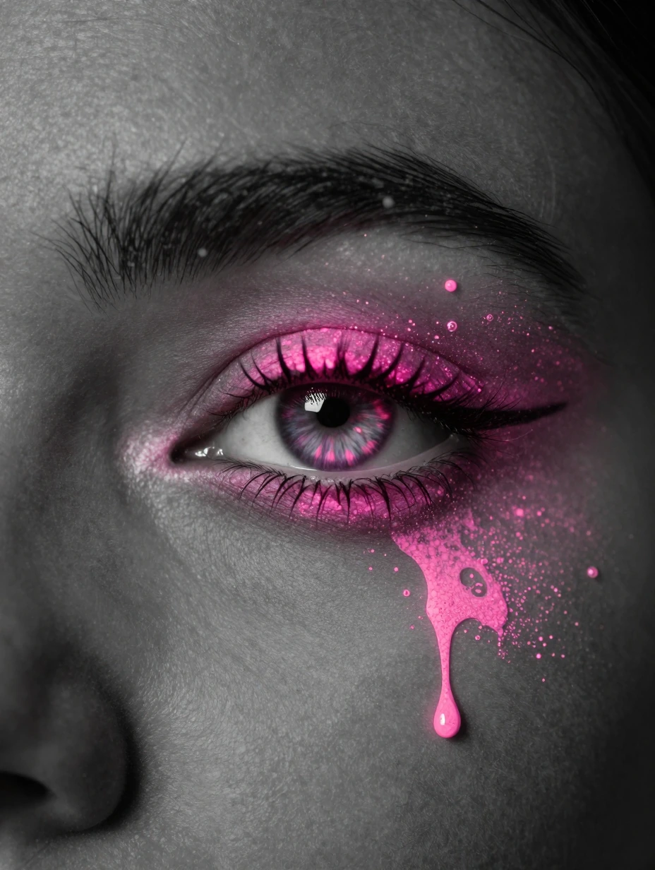 pinks colorpop splash effect fluorescent make-up, glowing eyes, dust, cinematic film still photorealistic, 100mm f/2.8 macro lens, glow, glowing (mast