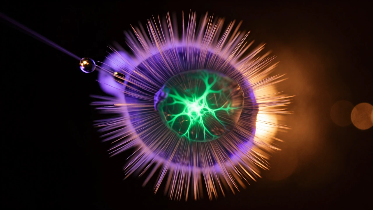 Extreme macro photograph of a bioluminescent microorganism in a single water droplet, backlit to reveal violet and gold filaments pulsing with inner light, crystalline spikes erupting from its membrane like frozen electricity refracting prismatic hal