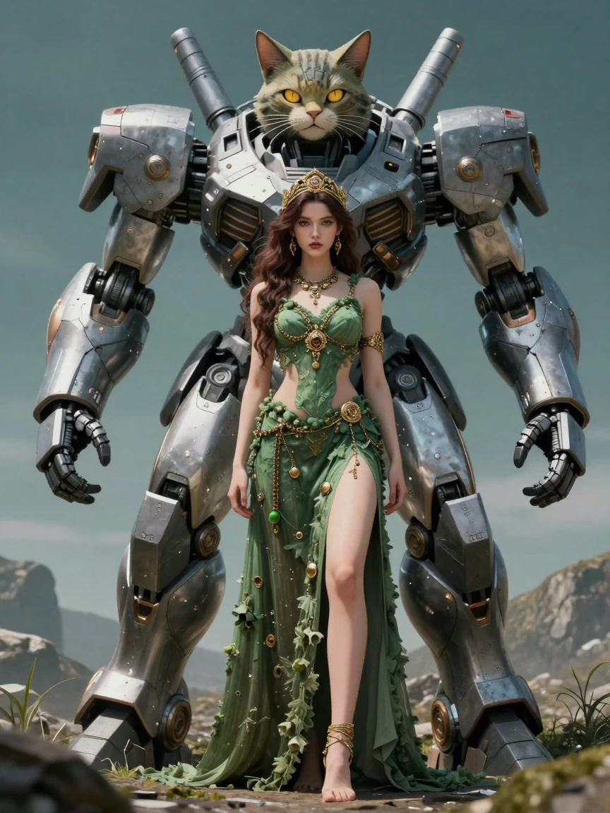 Beautiful earth guardian woman, with a giant mech cat.