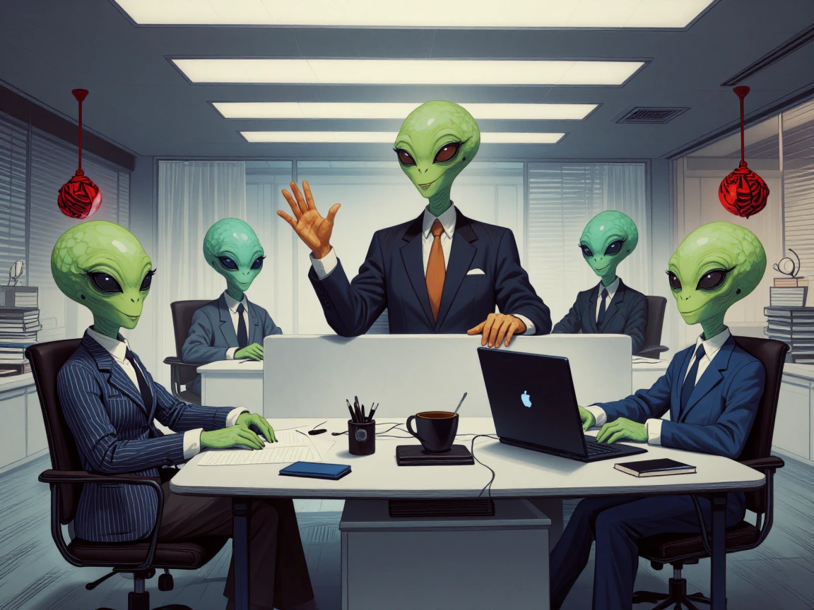 An extra terrestrial office, aliens dressed like office workers in suits