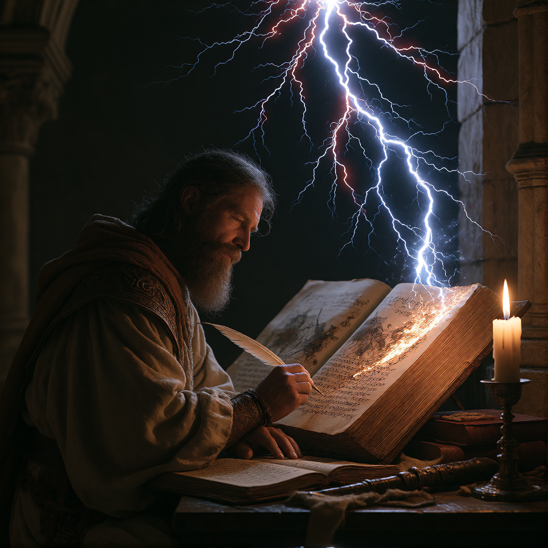 The Archivist of Thunder; Thor - God of Thunder's personal biographer: A robed scholar hunched over an ancient leather-bound tome in a candlelit stone scriptorium, quill frozen mid-stroke, as a violent thunderstorm rages beyond the narrow window—ligh