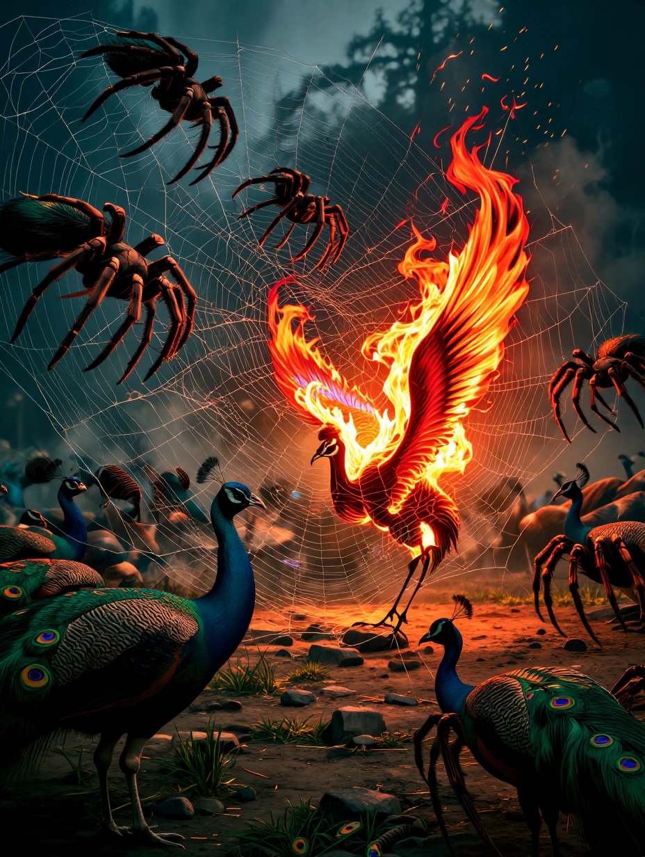 On an overcast day, near dusk as the shadows lengthen; gargantuan Tarantulas swarm over a group of fine Peacocks, trapping them in webs, their mandibles dripping with venom. One Peacock trapped beneath a web bursts into flames like the mythical Phoen