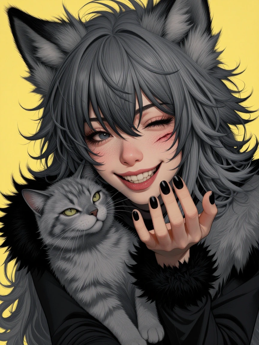 masterpiece, best quality, sharp teeth, long hair, grey hair, smile, scar across eye, yandere, long sleeves, wolf ears, wolf tail, with cat, solo, view from side, excited, pose, fur trim, coat, rich, face close up, face focus, perspective, black nail