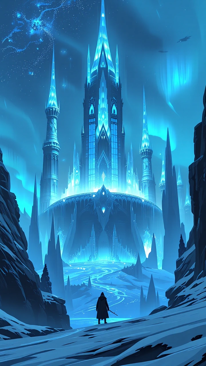 Cinematic anime fantasy landscape: enormous ice-covered ancient citadel floating in a frozen nebula, glowing blue crystals and aurora lights illuminating the snow, small silhouette of a lone traveler standing on an icy cliff gazing at the citadel, ta