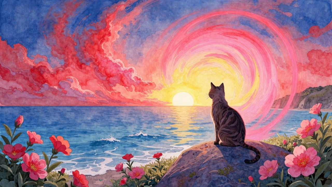 Misty Dawn, red blue, pink, yellow, watercolor, digital art, swirls, cats, flowers ocean