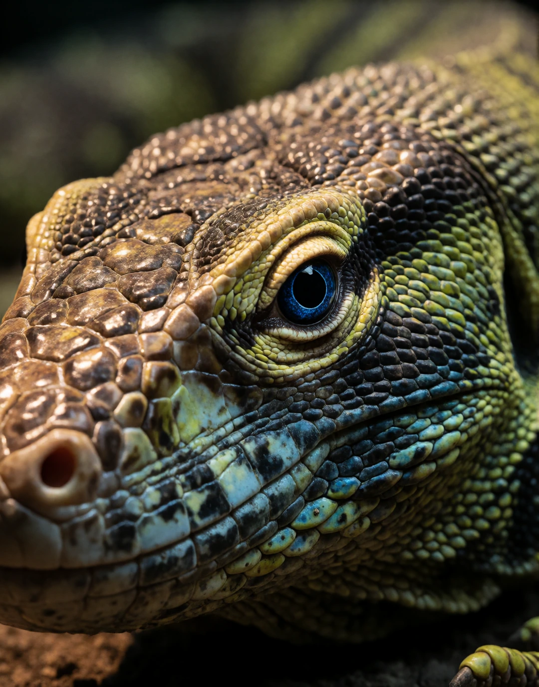 A large, colorful lizard inspired by a Komodo dragon, with ultra-realistic skin textures and vibrant natural coloration. The lizard’s scales are rugged and tactile, featuring a mix of earthy browns, mossy greens, and subtle iridescent blues. Its eyes