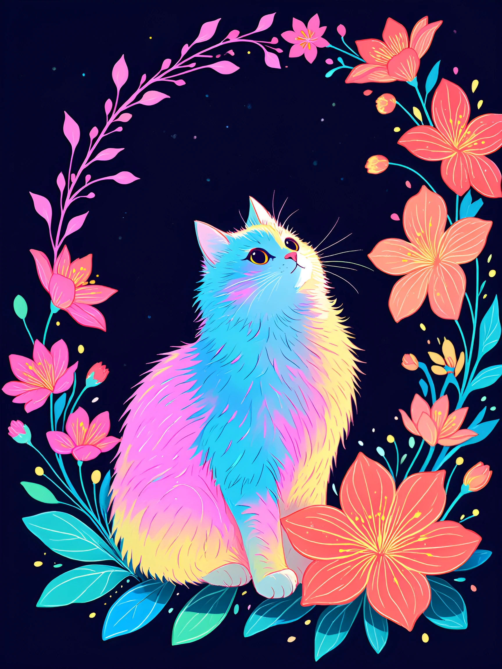 Flat illustration of a kitten , luminism, pastel neon nighttime flowers,