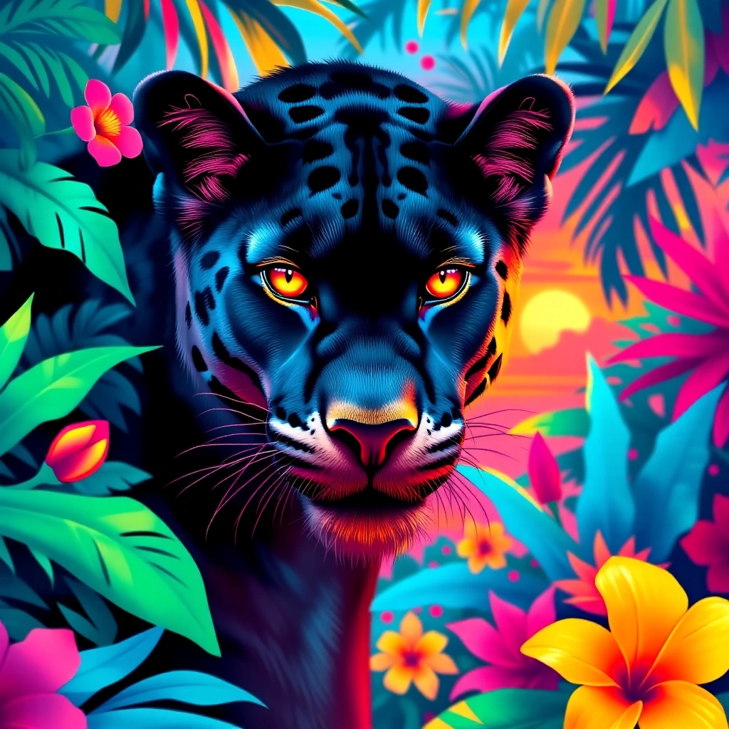 A panther in a jungle, colorful flowers, using every color of the rainbow, flat illustration, thick solid black lines