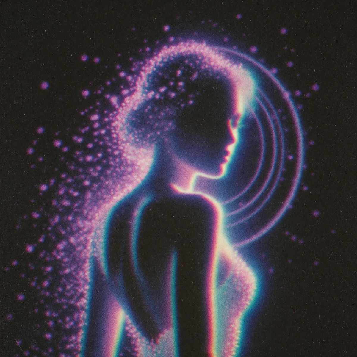 Thermal imaging style, glowing neon gradients, vintage airbrush illustration, heavy film grain, high contrast silhouettes, retro-futuristic aura, soft focus luminescence analog ray photograph, with a pink teal and purple theme, ethereal, otherworldly