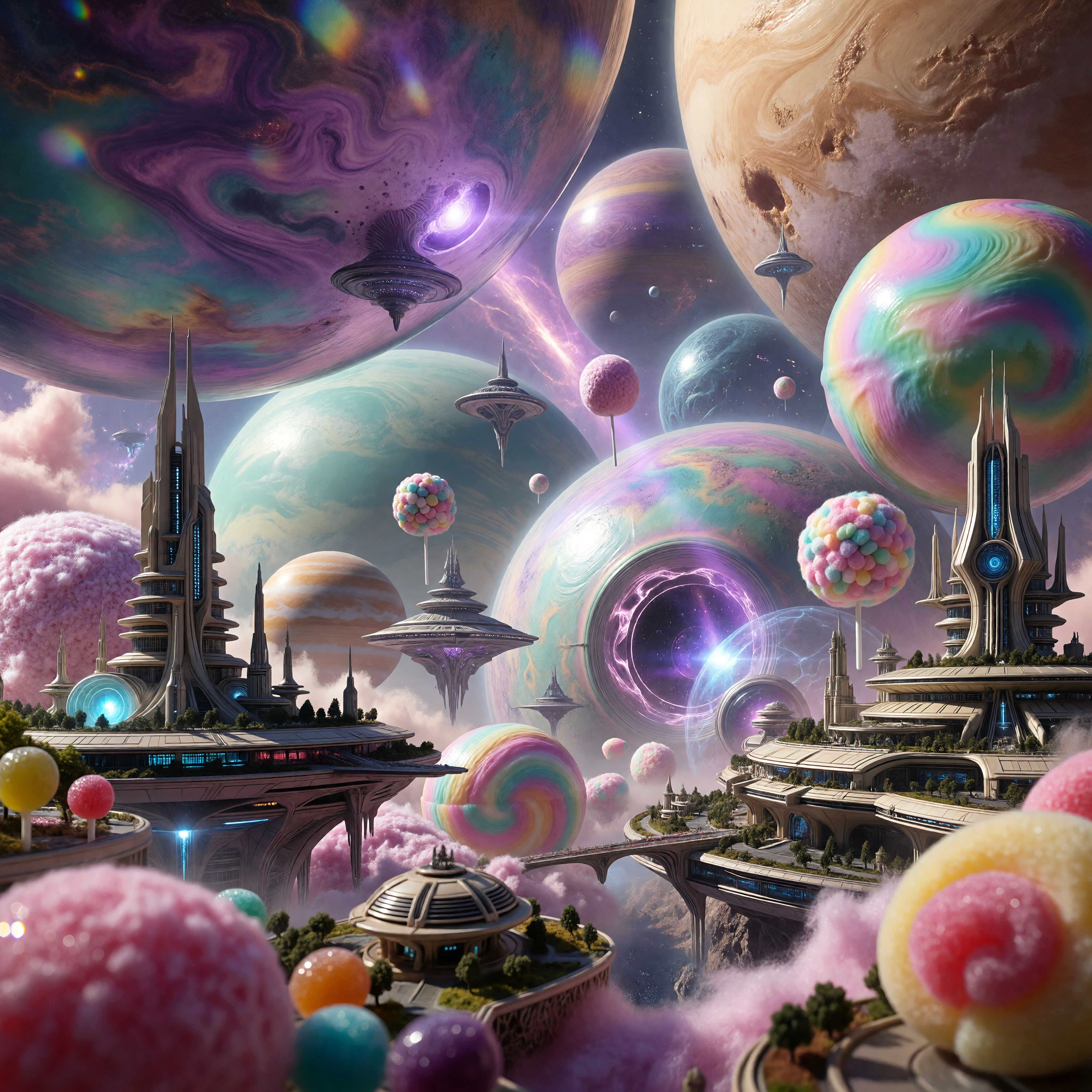planets, cinematic, surreal, art,interdimentional, pastel colors, retro futuristic