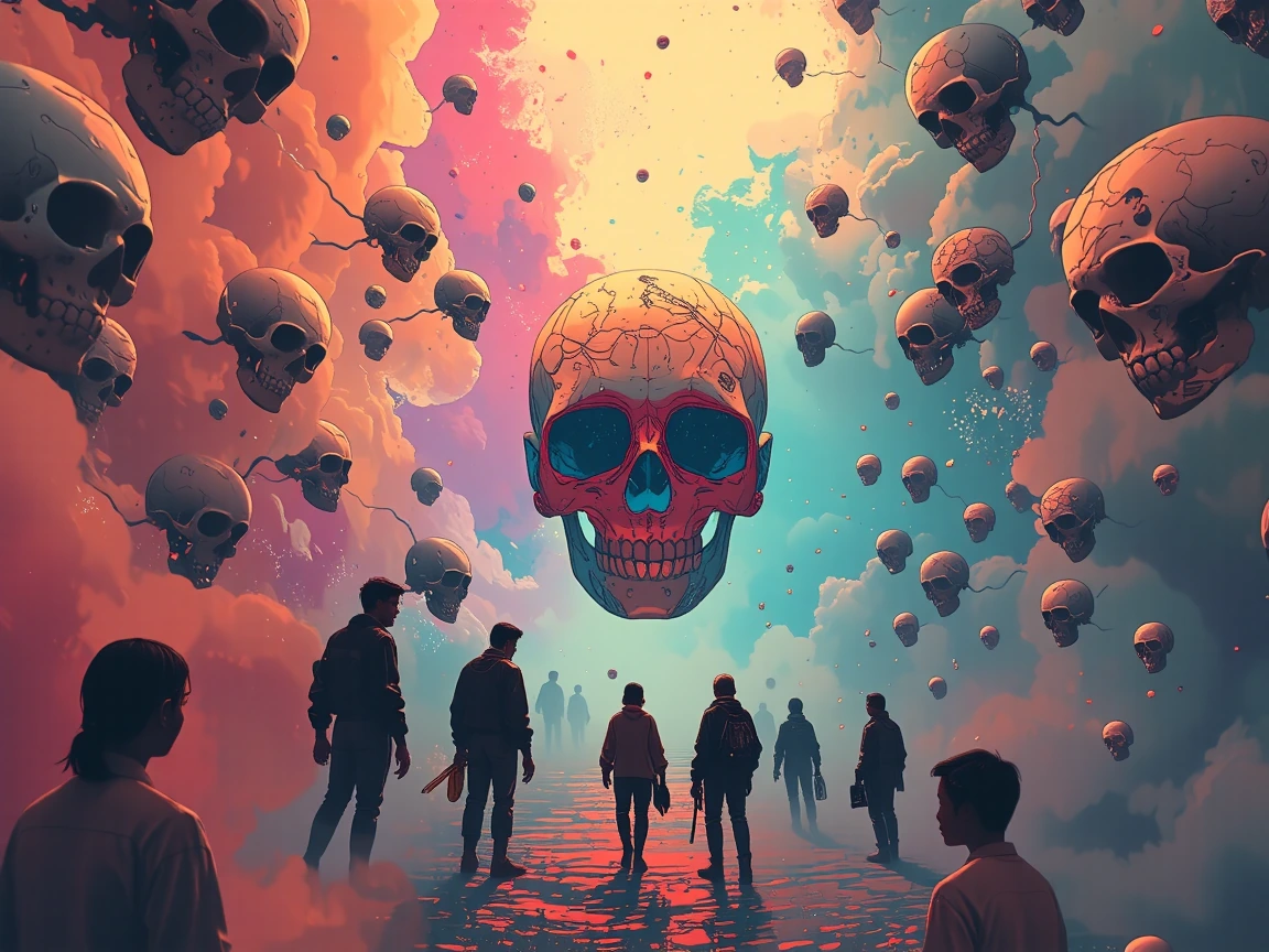 A psychedelic loop, inclinated colors, people stuck in the loop, background is uniform, double exposere, skull details, quality