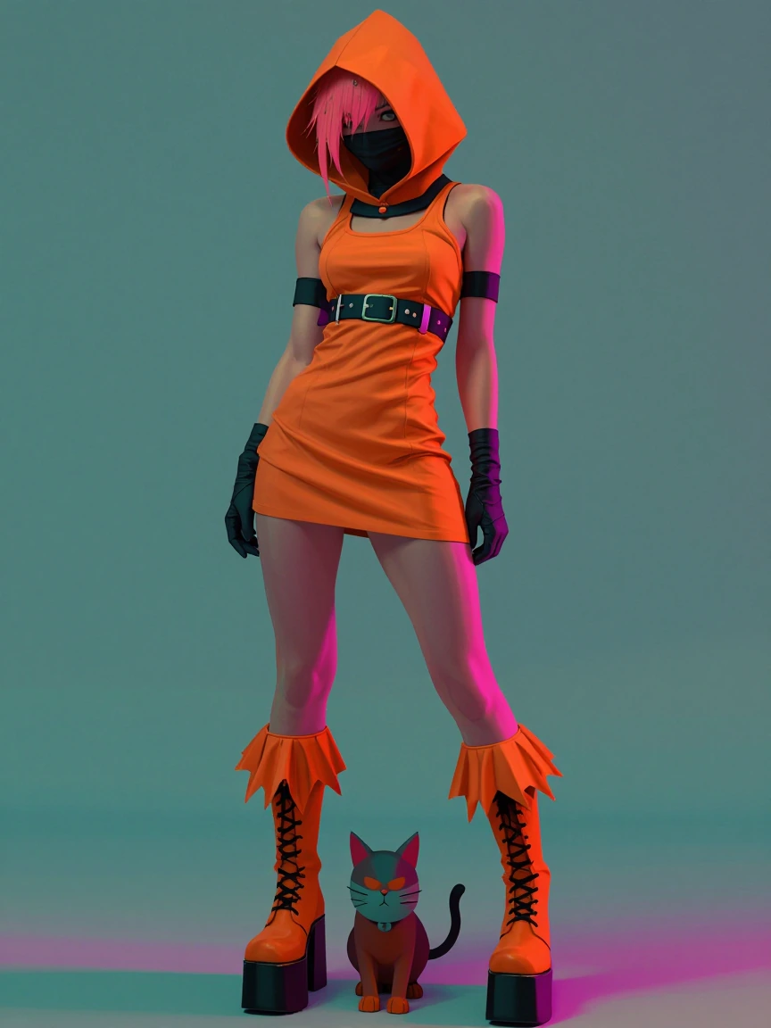 Cyberpunk ninja, neon, orange, mini dress, and platform boots, add a cat