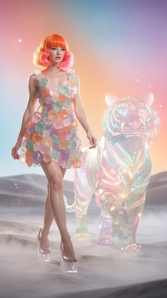 A beautiful woman with bright orange and pink bob hair, wearing a mini dress made completely out of rock candy crystals. Light pastel shades, extra ta