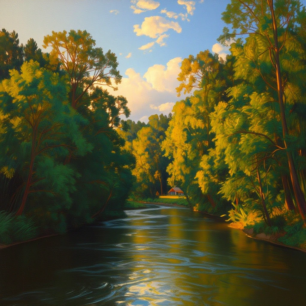 Feel the tranquility in this serene oil painting landscape. Love the warm golden sunlight and the lu…