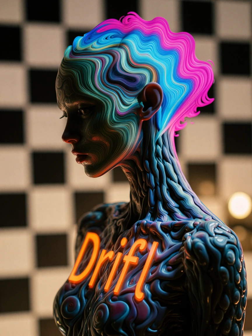 A futuristic cyborg, 3D render, Op Art aesthetic. ​The "Drift" Layer (To create flow): The cyborg's nanobot skin is textured with repetitive, fractal 