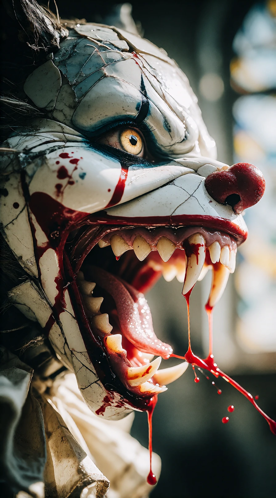 " Create an ultra-realistic demonic porcelain clown doll transforming into a terrifying werewolf. This image must be intricately detailed and designed to invoke a sense of terror and dread. Long, razor-sharp fangs are dripping fresh, bright red blood