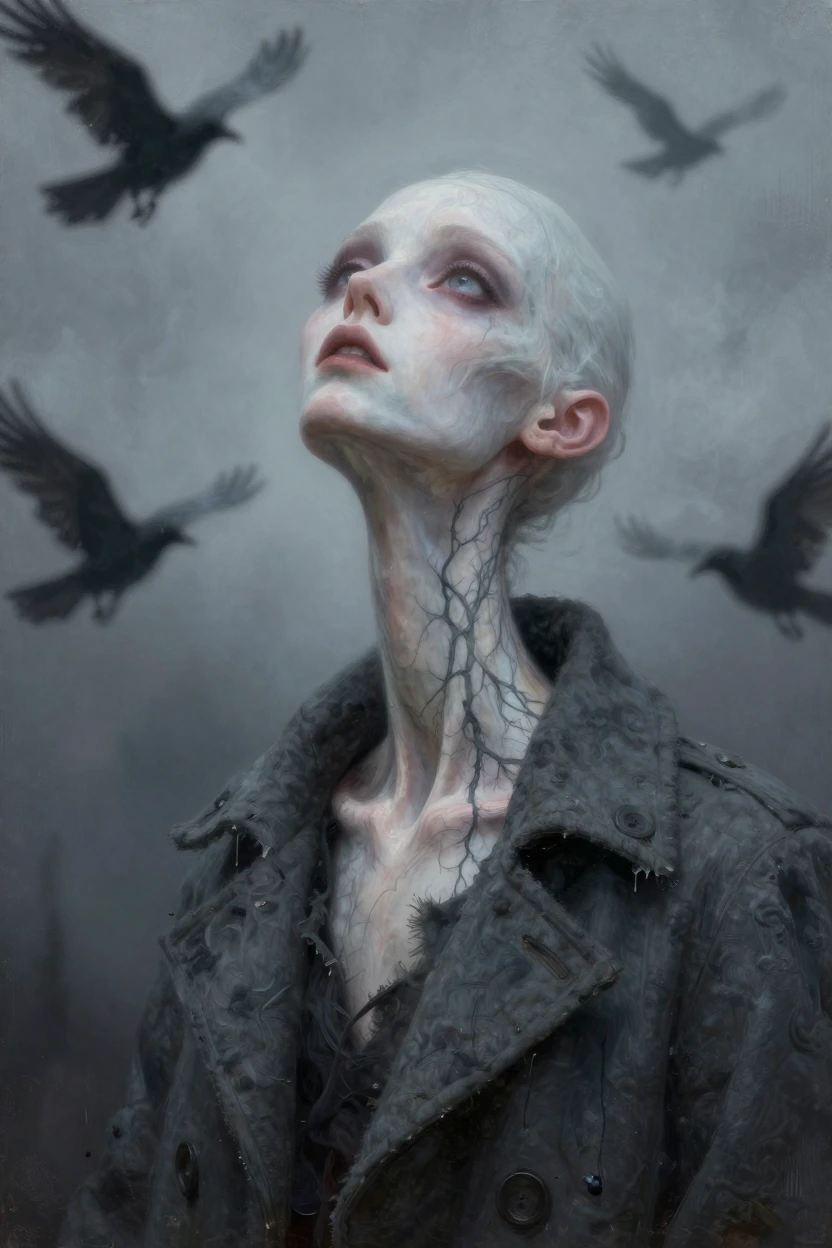 A striking, surreal photograph of a figure with an extremely elongated, sculpted neck and pale, marble-like skin. The character is gazing upwards with