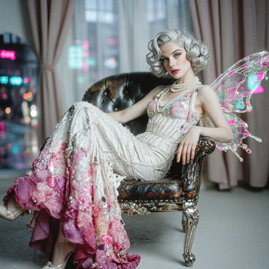 A high-end, vintage-style studio portrait featuring a faerie woman with silver white hair with defined finger-wave curls and bold makeup, reclining elegantly in a dark leather and metal armchair. She is wearing a pearl necklace and a white silk eveni