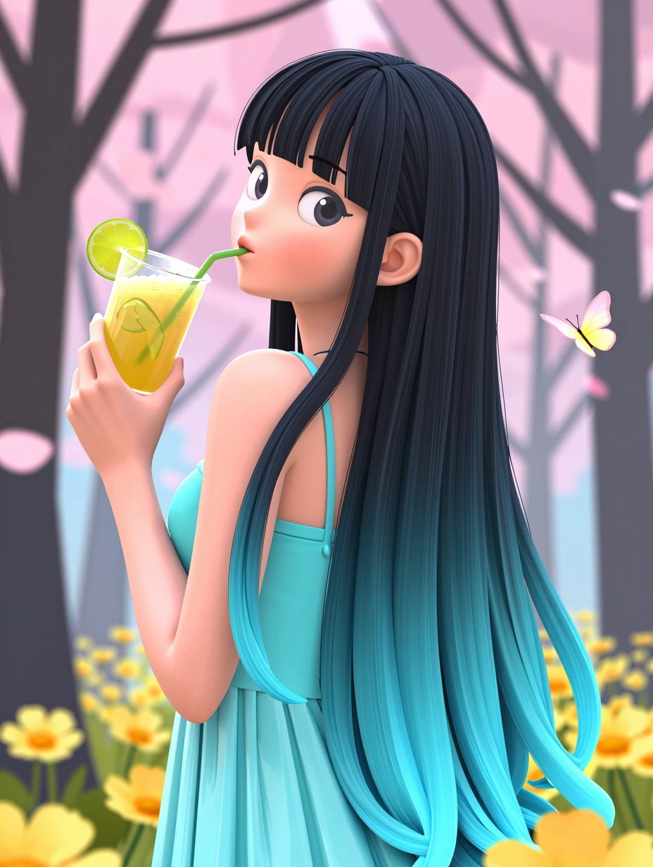 Beautiful springtime scene, lavender, dusty rose, pink, yellow, aqua, woman, long straight black navy ombre hair, flowers, and butterflies, fancy springtime drinks. 3-D manga and photography blended, digital art.