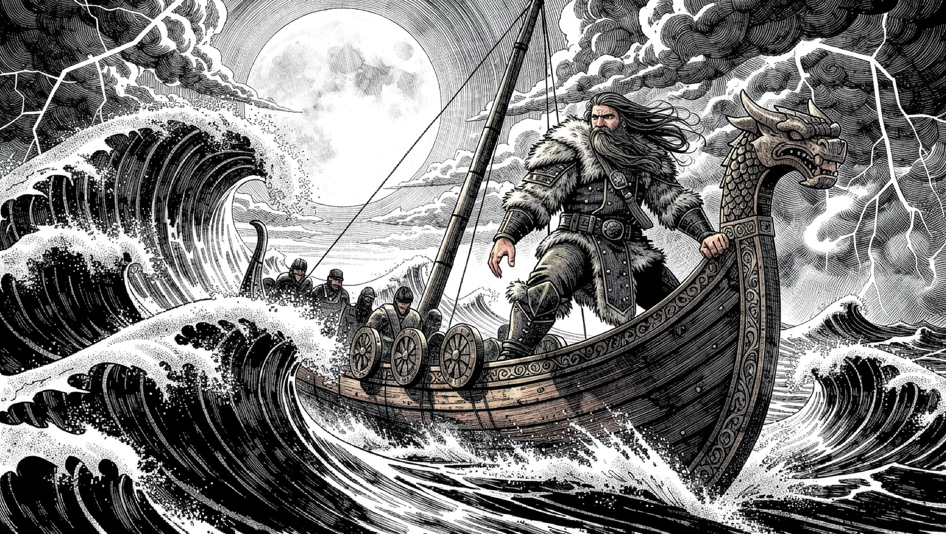 A dramatic pen-and-ink illustration of a Viking longship cutting through violent, stormy seas. The style is highly detailed, resembling traditional etched or crosshatched ink artwork, with bold linework and intricate shading. The waves are massive an