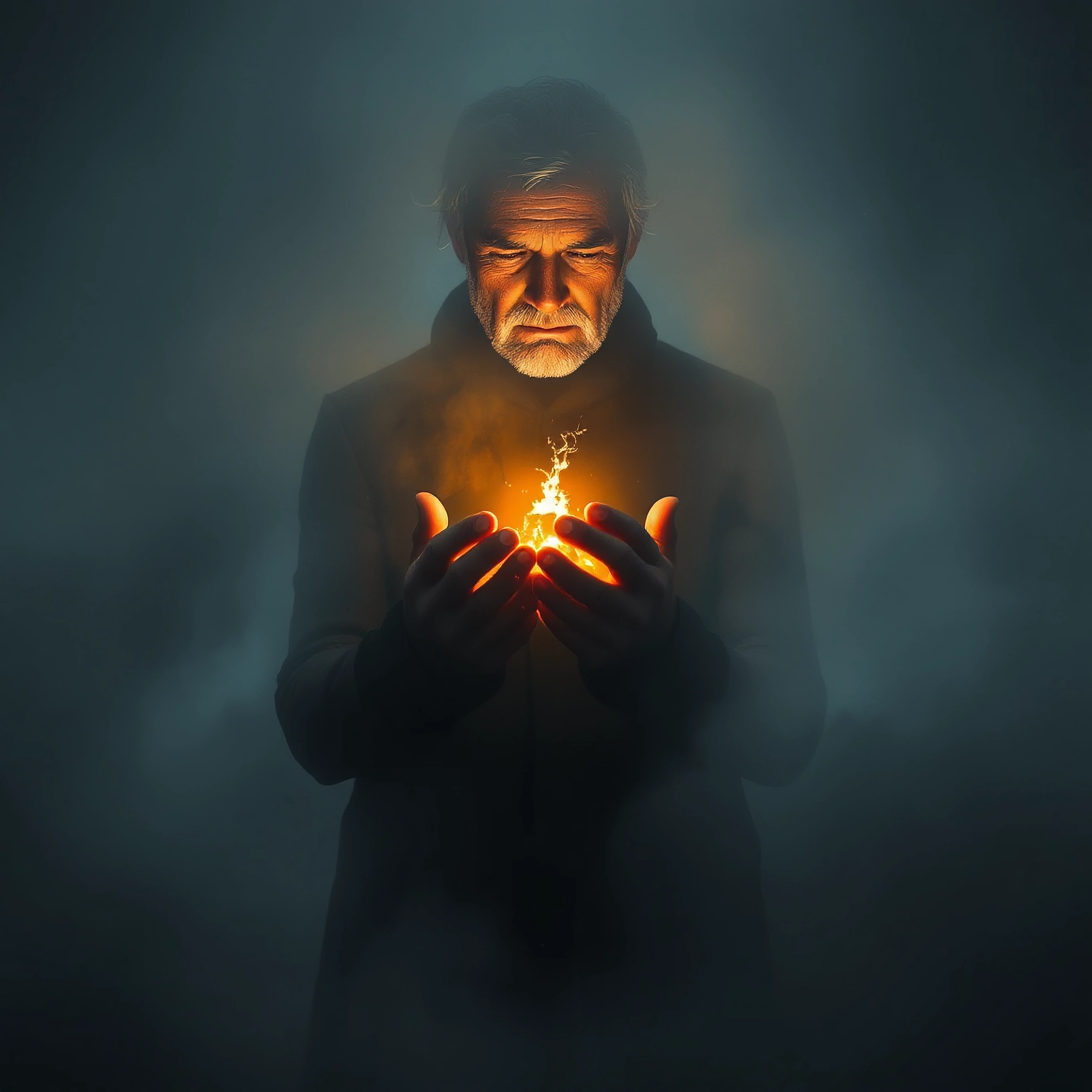 A solitary figure stands alone in dense, swirling fog, their hands cupped protectively around a dying ember glowing faintly orange in the darkness. The last remnants of warmth and light flicker between their palms, casting soft shadows on their weath