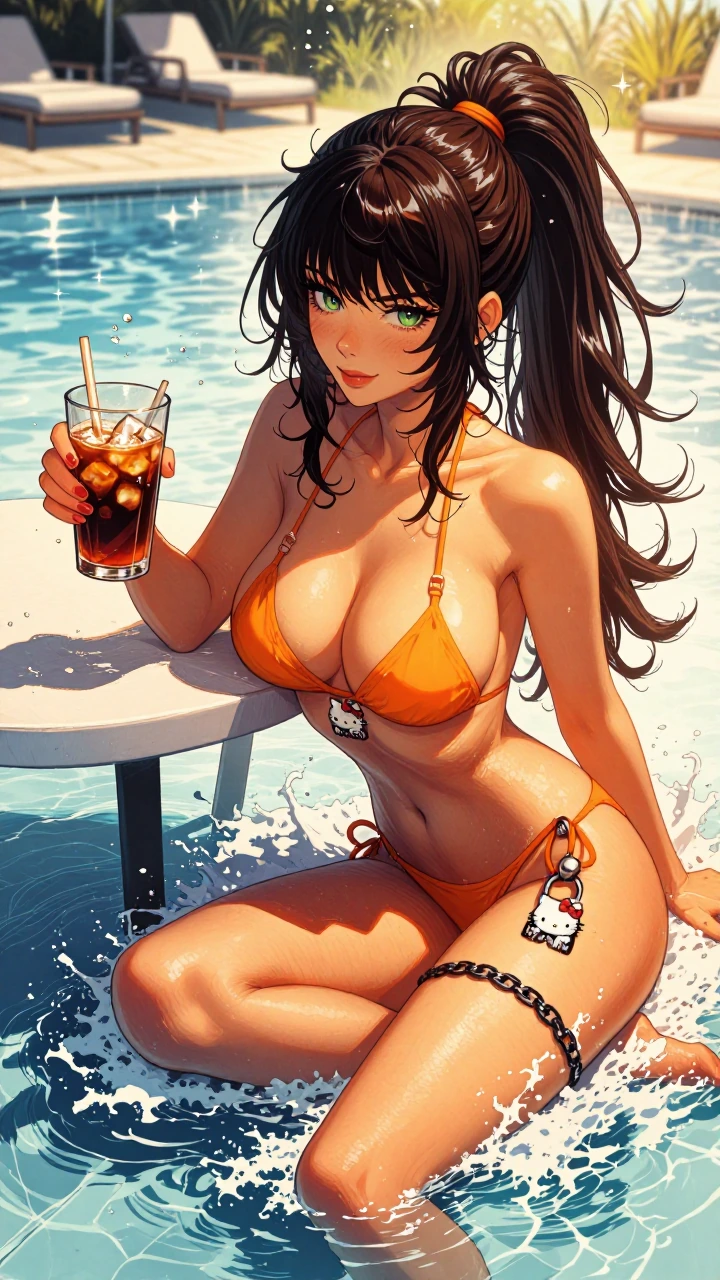 Masterpiece, best quality, ultra-detailed digital illustration, highly polished rendering. Brunette Venom with high ponytail by the pool on a sunny day, grabbing a glass of iced coffee from a small table. She has long brunette hair with dark roots, s