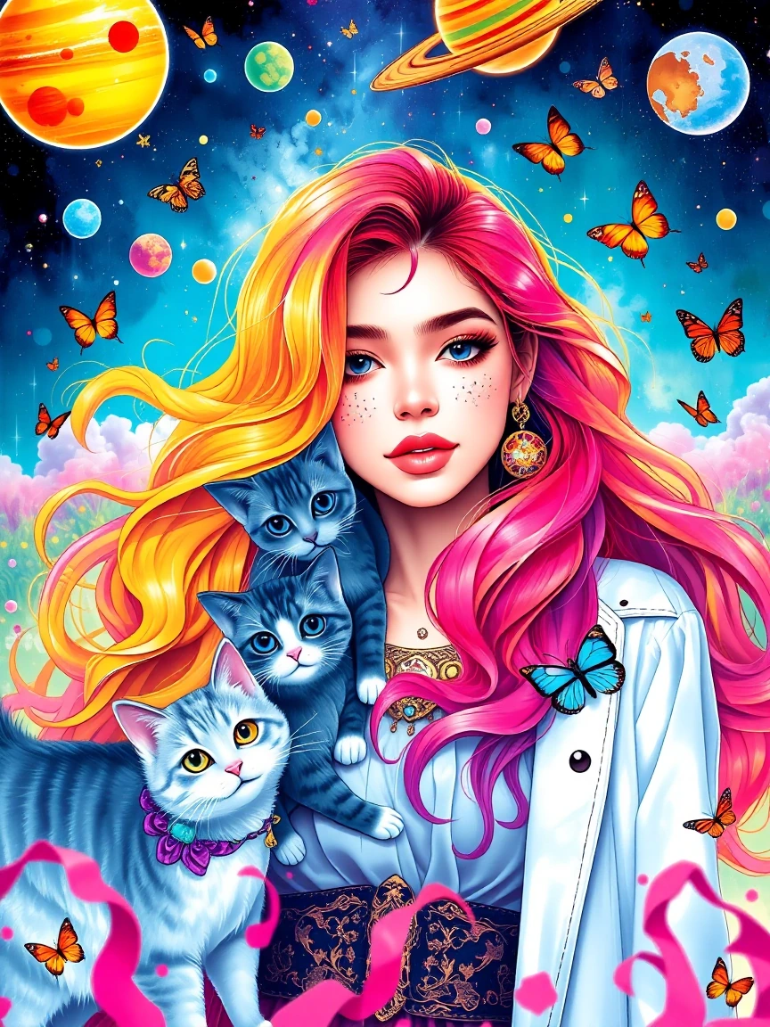 A watercolor manga-style illustration of a woman with ombre hair, surrounded by cats, planets, and butterflies, in a serene setting.