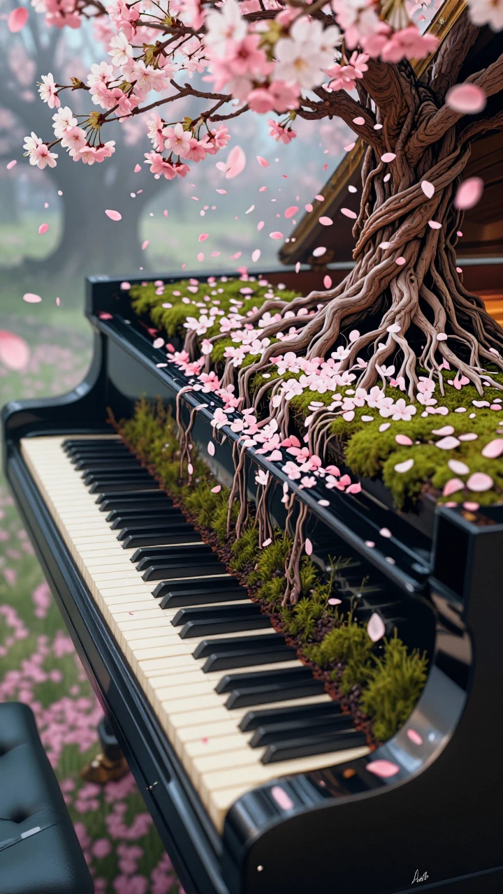 A grand piano's black lacquer surface gradually transforming into living soil and moss across the frame, its keys blooming into cherry blossom petals 