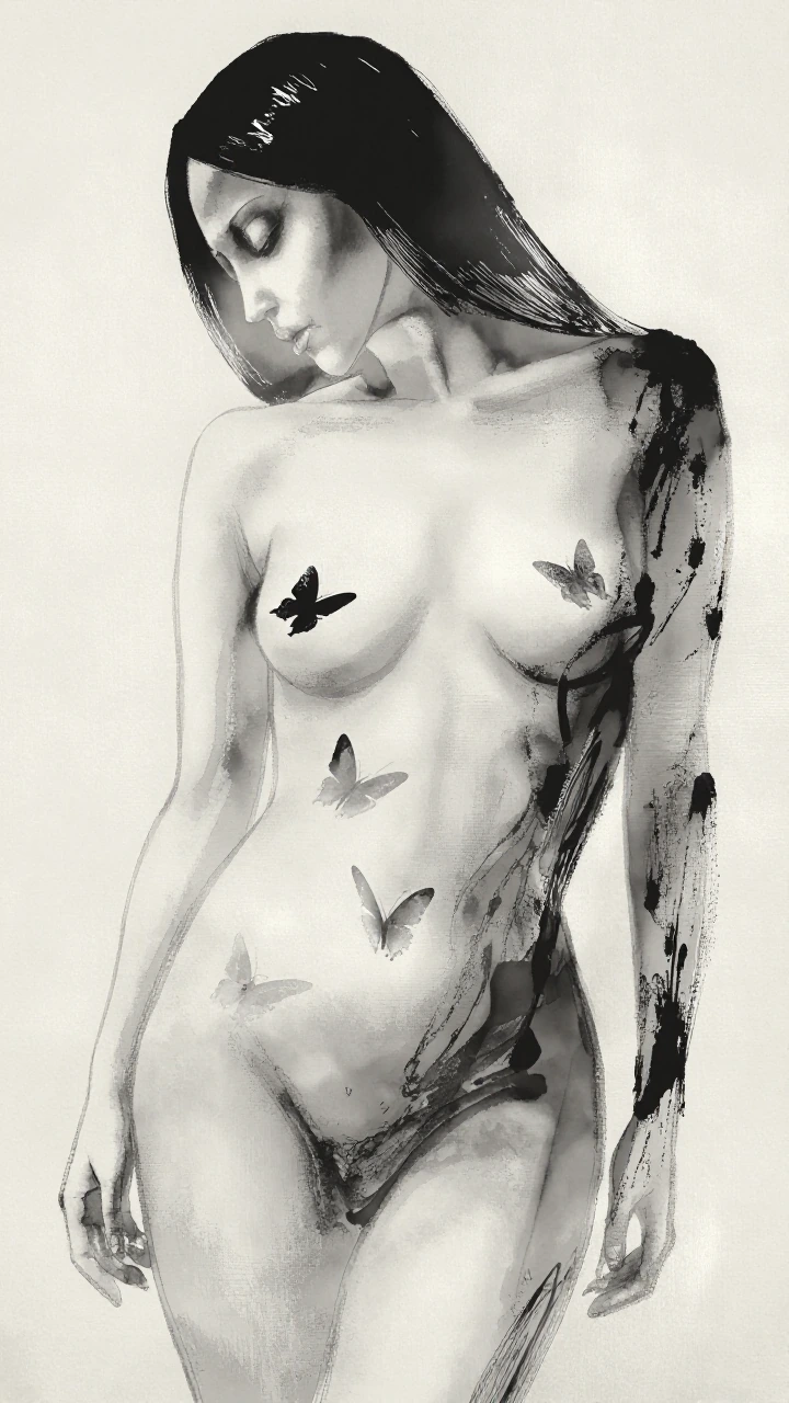 female body translucent, , ethereal, with butterflys swirling in stomach, matte canvas texture, painted, realism
